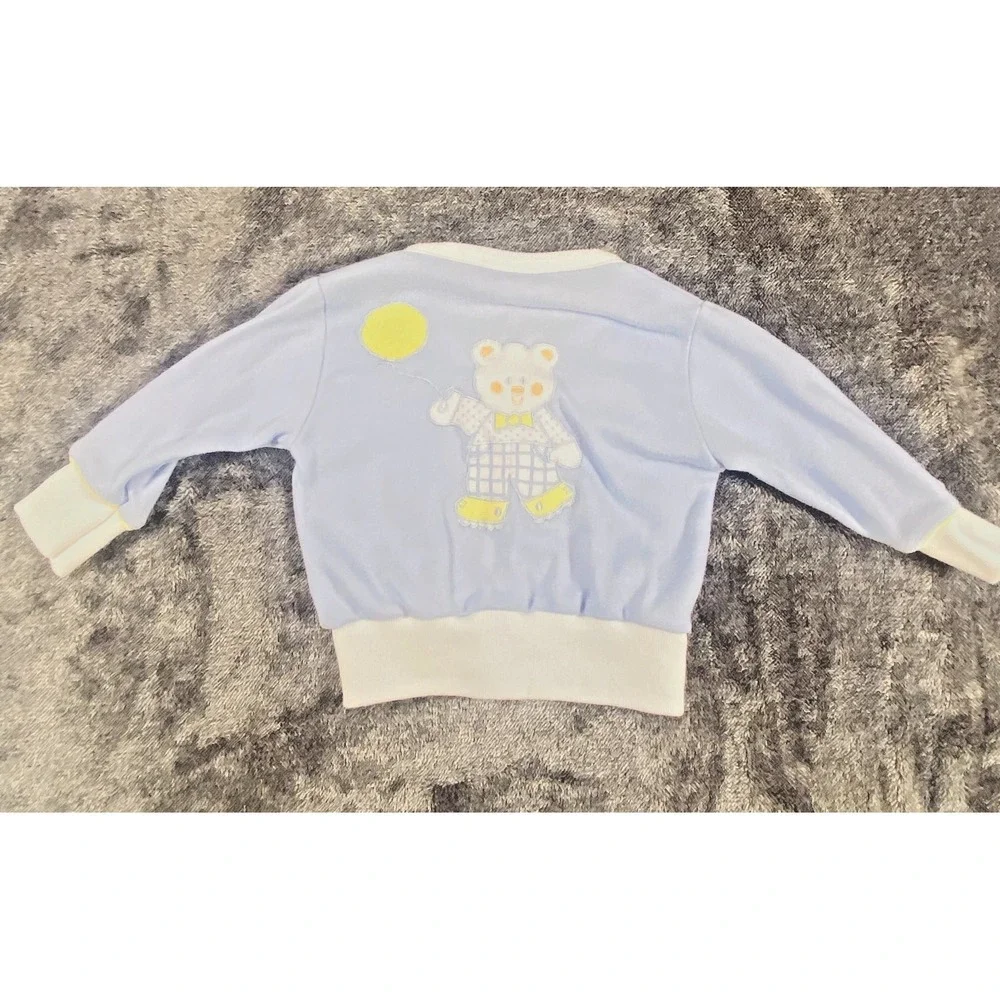Vintage 80s Doe Spun Bear Balloon Applique‎ Blue Snap Cardigan Sweater 3-6 mo